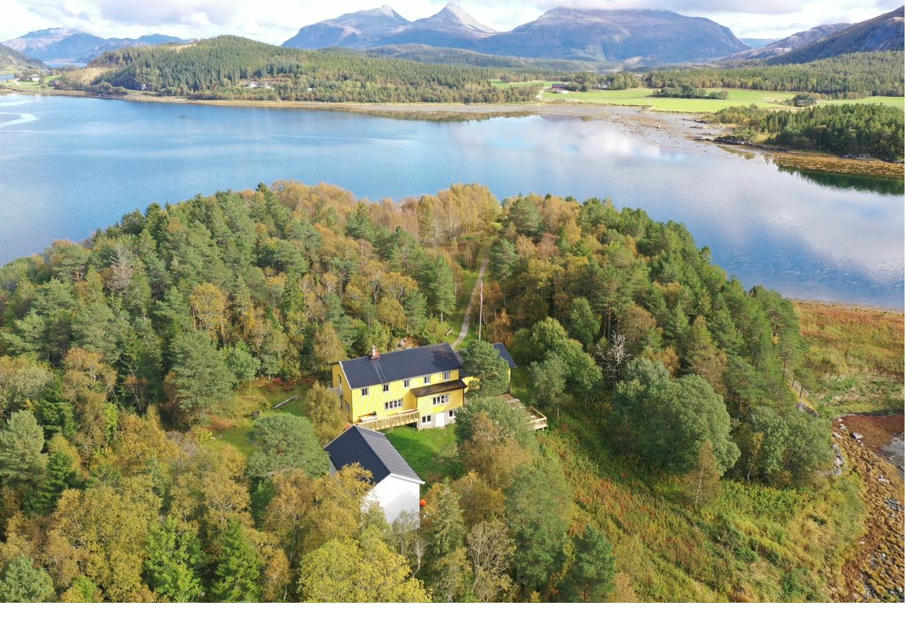 Byggene på øya sett fra luften, omgitt av skog og fjord