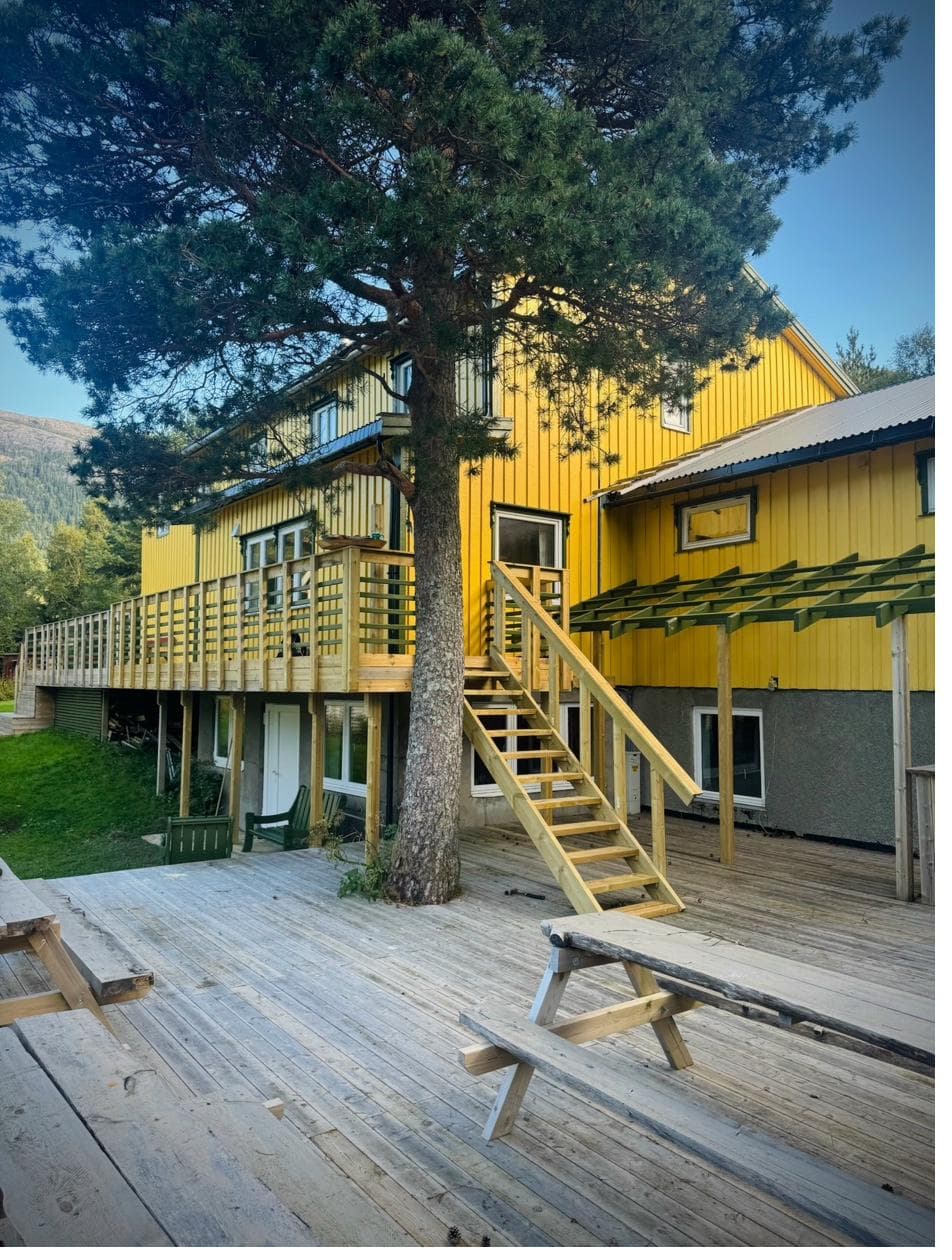 Hovedhuset utvendig med trapp og furutre