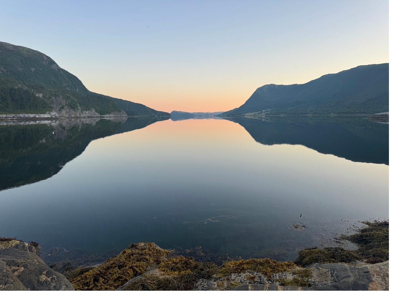 Dramatisk oransje og rosa solnedgang over den norske fjorden